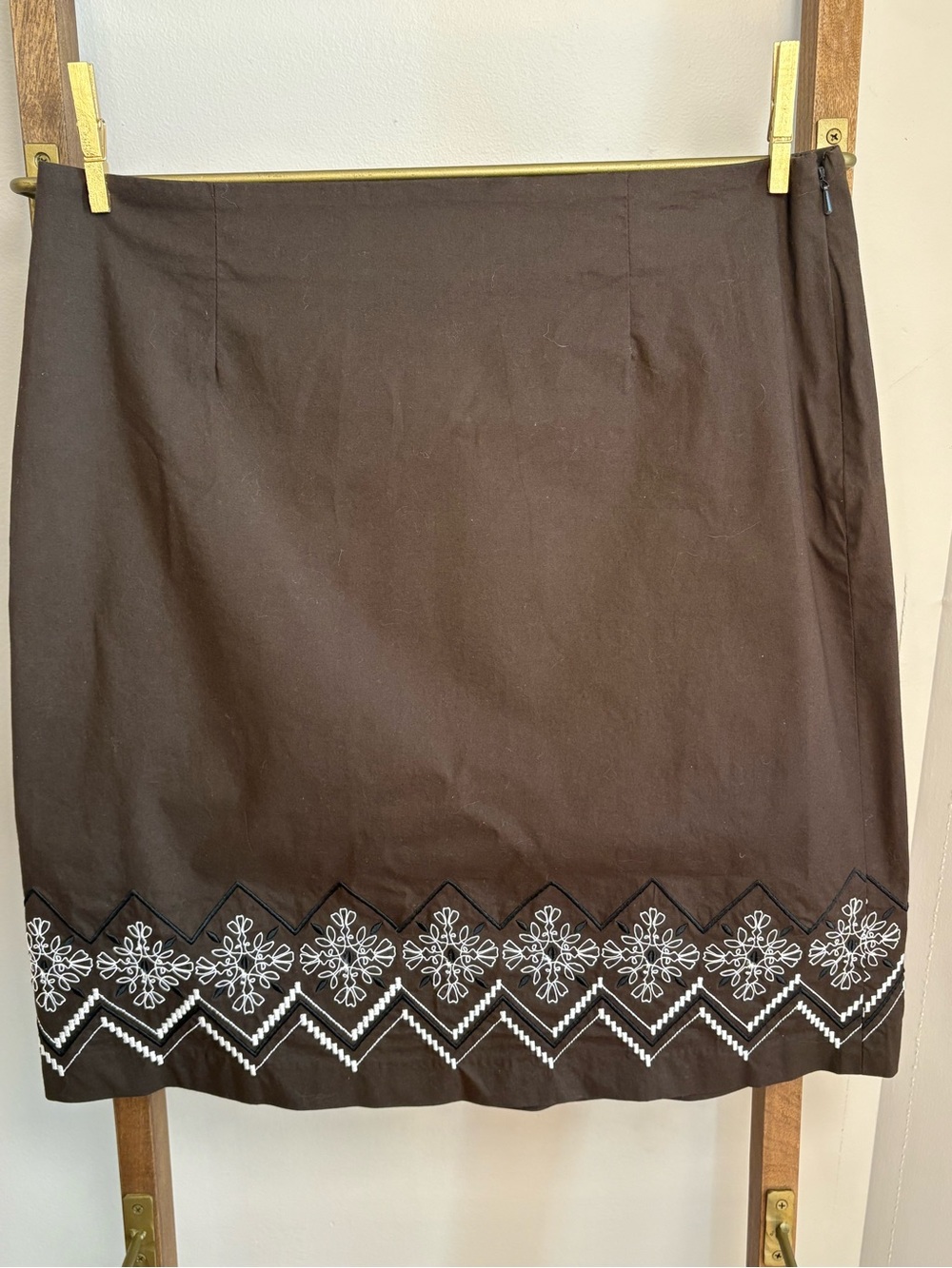 LOFT Brown Mini Skirt with White Embroidered Hem